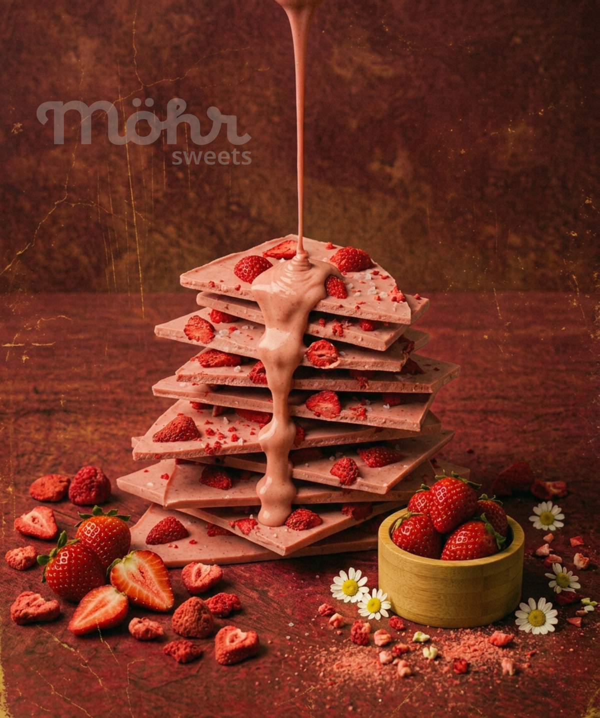 Chocolate bars with strawberries being drizzled with chocolate sauce on a rustic wooden background.