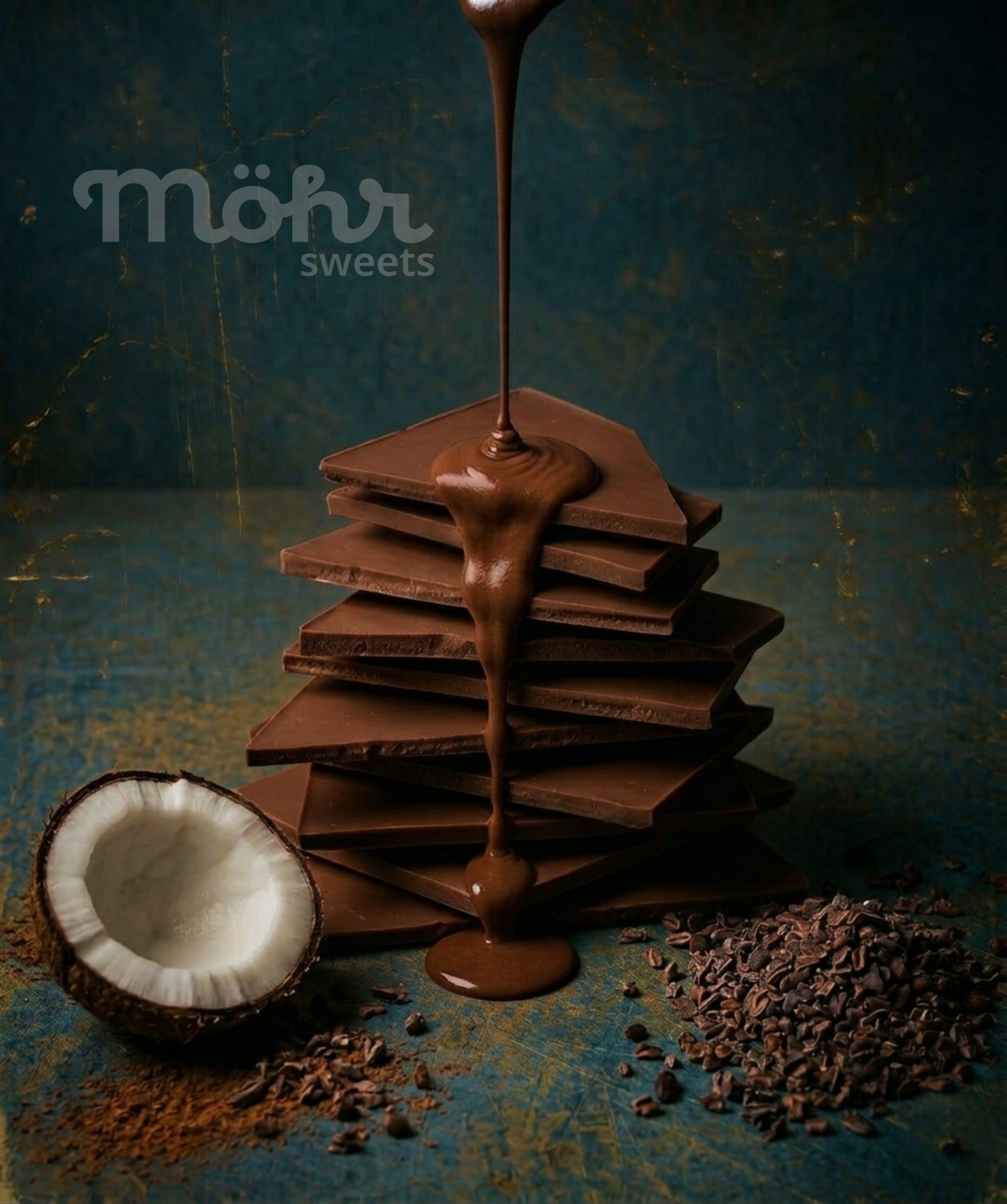 Chocolate being poured over a stack of chocolate bars with a coconut and cocoa beans on a textured surface.