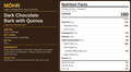 Nutrition facts label for dark chocolate bark with quinoa