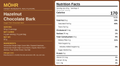 Nutrition facts label for Hazelnut Chocolate Bark with ingredients list on a brown background.