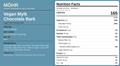 Nutrition facts label for Vegan Mylk Chocolate Bark with blue background