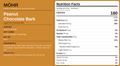 Nutrition facts label for Möhr Peanut Chocolate Bark with ingredients list on an orange background.