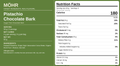Nutrition facts label for Pistachio Chocolate Bark with green background