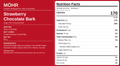 Nutrition label for Strawberry Chocolate Bark with ingredients list on a red background